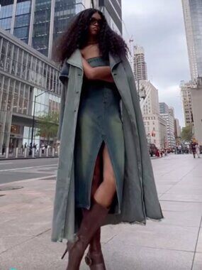 JADED LONDON LONG ULTIMATE DENIM DOWNTOWN DISTRESSED TRENCH COAT Belted Blue S/M